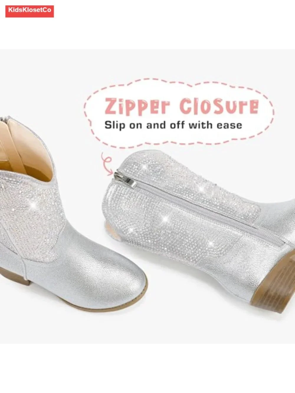 Girls Rhinestone Cowgirl Boots Pointed Toe Low Heel Mid Calf Zipper